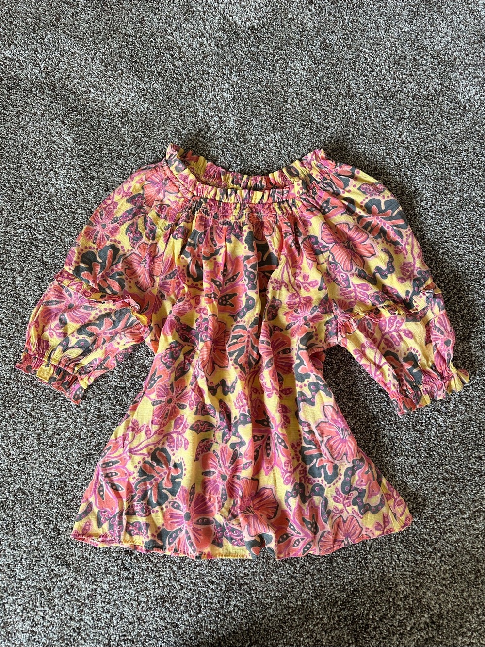 Nanette Lepore Yellow Floral Off-Shoulder Blouse with Pink and Green Print
